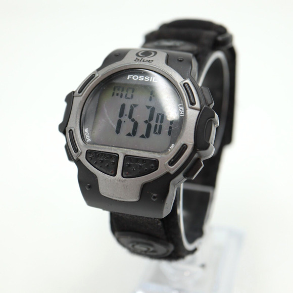 Vintage Fossil Blue Digital Watch Mens 45mm Black Adjustable Band New Battery - Picture 1 of 16